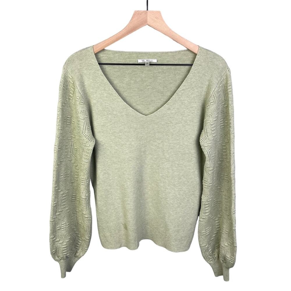 Vila Milano Sage Preppy V-Neck Sweater Pointelle Balloon Sleeve Boho Sage M